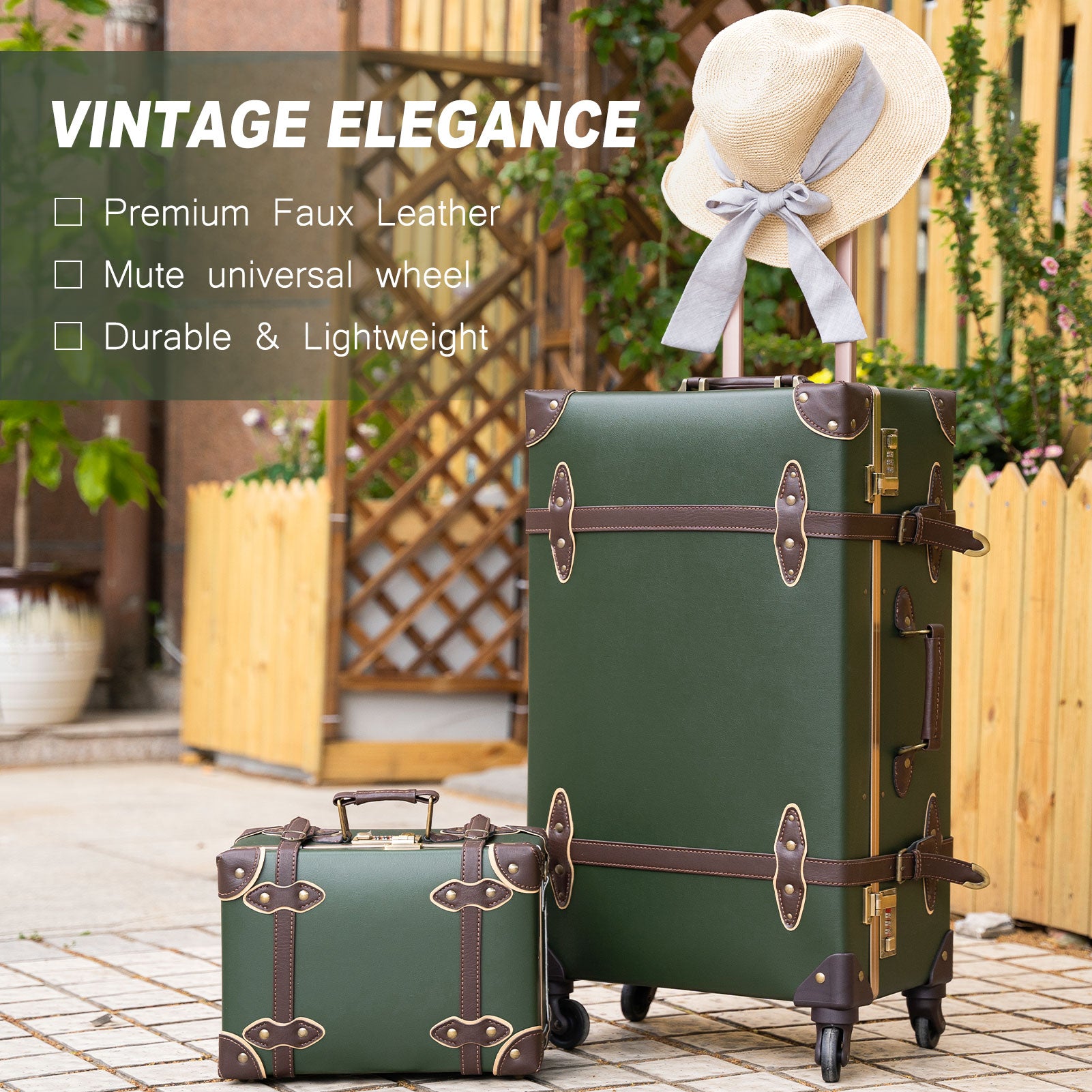 urecity Vintage Luggage Set of 2, Retro Suitcase Trunk with Wheels for Men  and Women, Cute Designer Travel Luggage Set with Boarding Tote Black