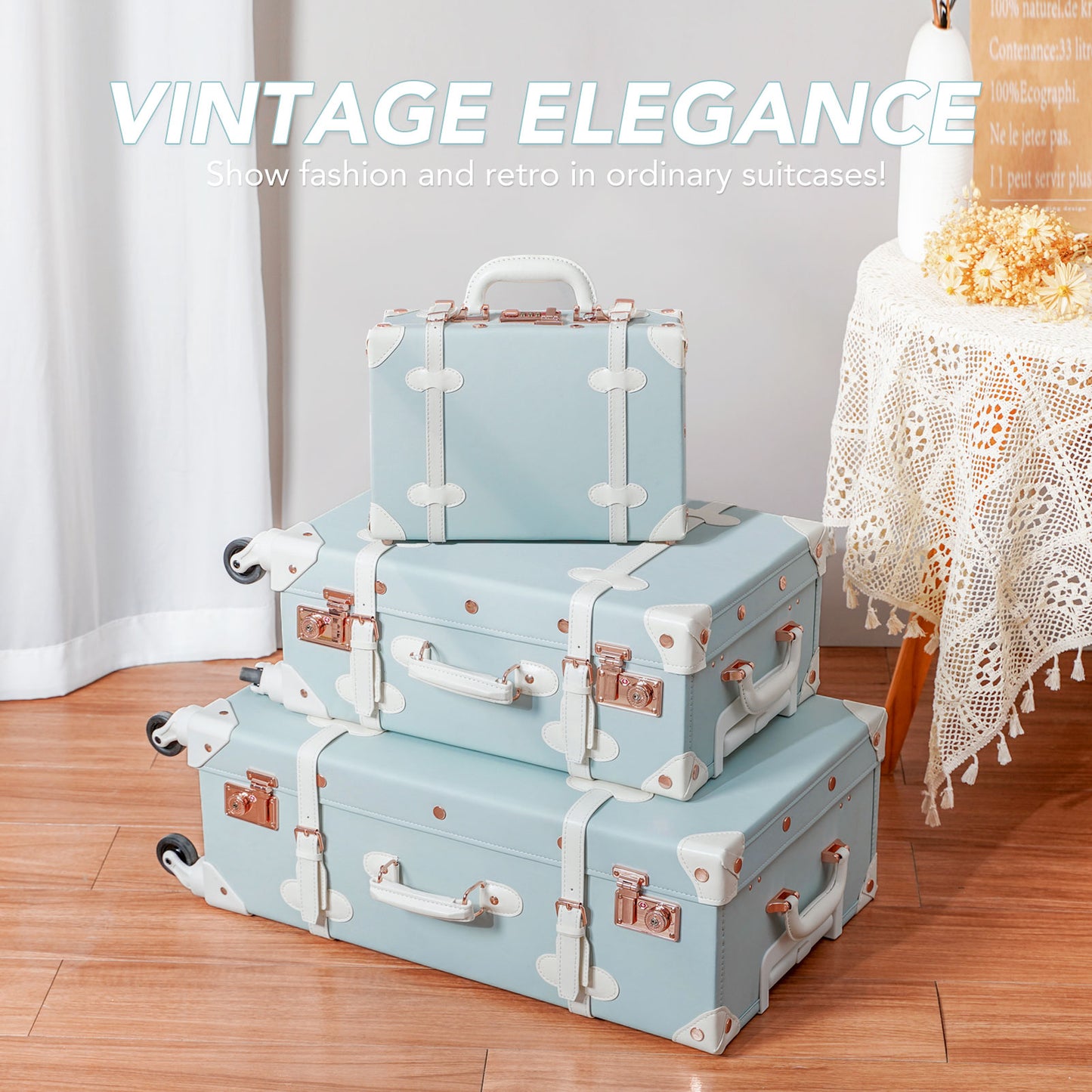 universal trotter Vintage Style Luggage Set 3 Piece, TSA Lock, Spinner Wheel, 26" Check-In, 20" Carry-On, 12" Boarding Tote