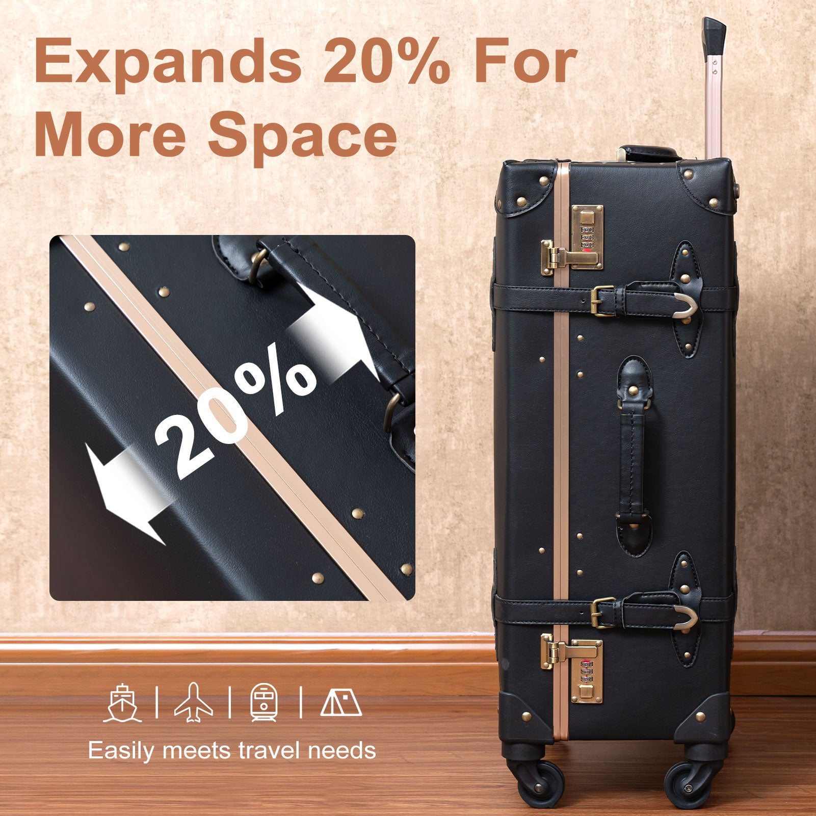 Urecity ​Handmade Vintage Luggage Set with Swivel Caster,PU Leather  Suitcase for Men and Women