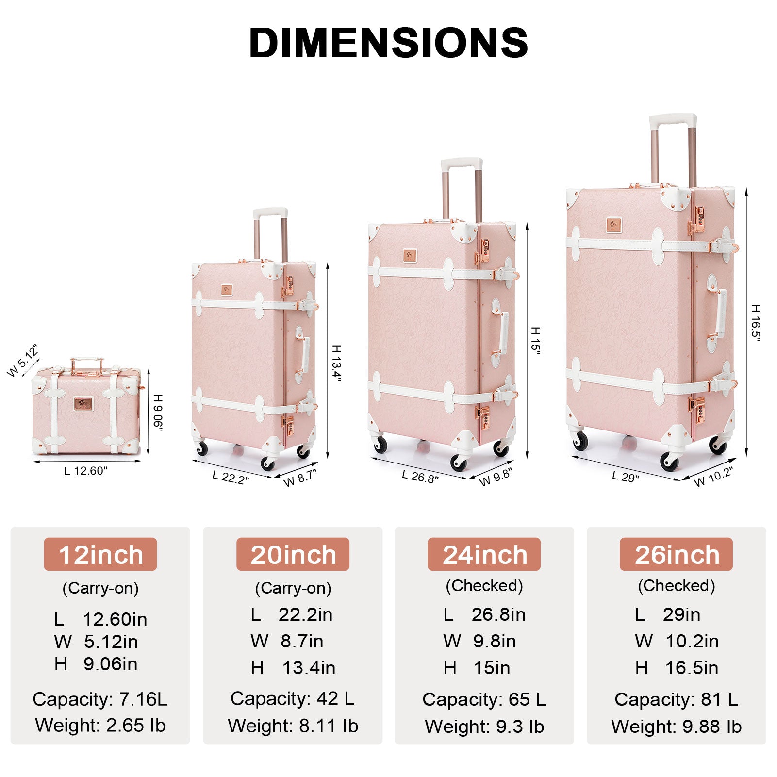 Unitravel Vintage Trolley Suitcase 26 inch Retro Rolling Luggage with  Spinner Wheels (Light Pink)