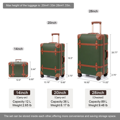 NZBZ 3 Pieces Vintage Luggage Set Cute Vintage Trunk Luggage 3 Pieces Retro Suitcase Set for Travel with Spinner Wheels, TSA Lock and Beauty Case