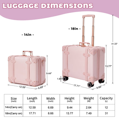 Vintage Luggage Sets For Women with Spinner Wheels Cute Retro Suitcase for Airplanes 14inch&18inch