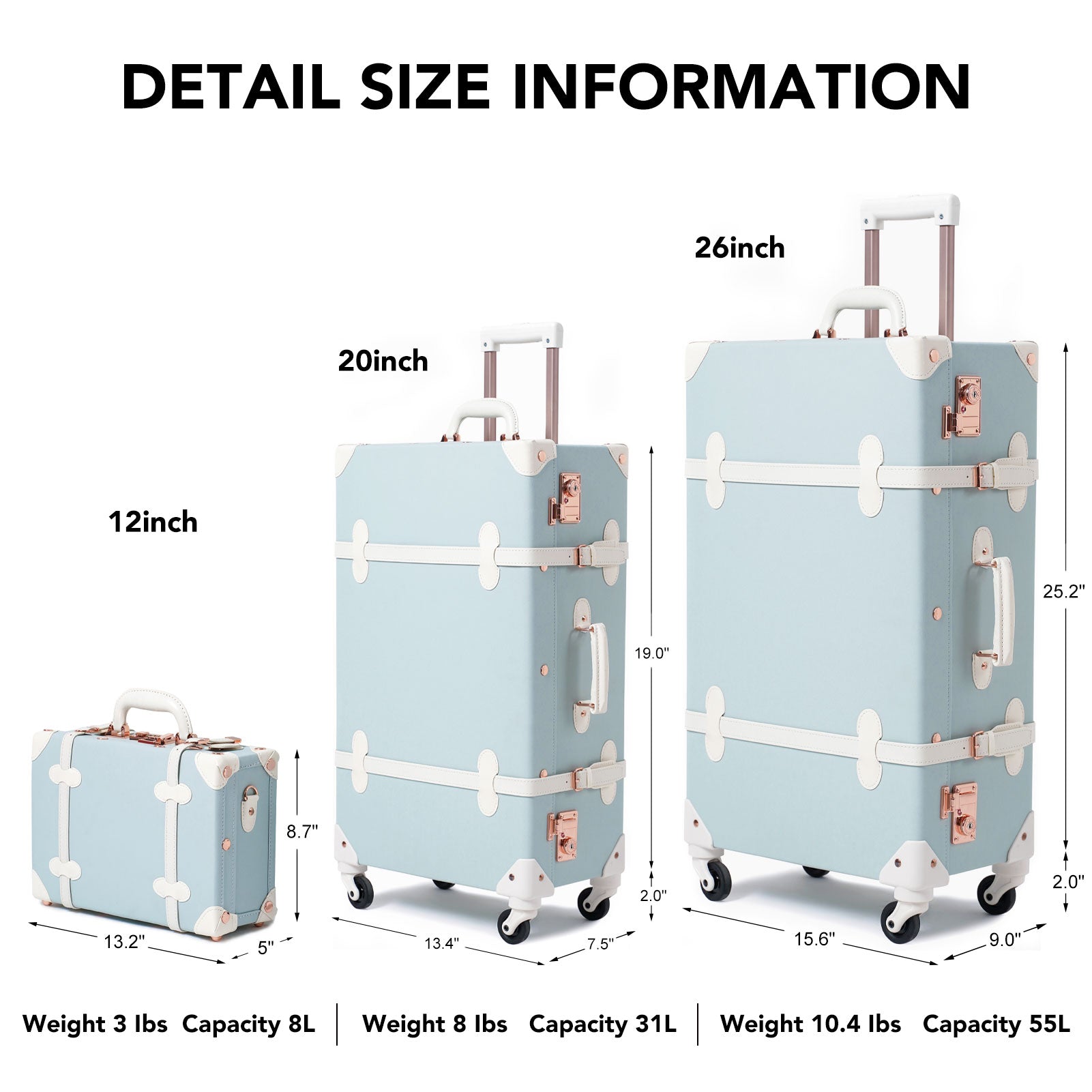 urecity Vintage leather-trimmed luggages 12''+20''+26''