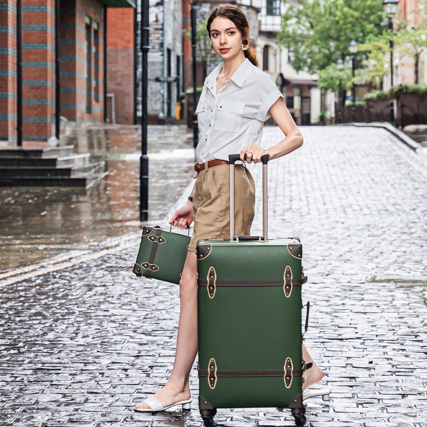 urecity Vintage Luggage Set, Trunk Style Suitcase with Wheels, 2-Piece  Hardside Luggage and Beauty Case Set (Army Green, 26+12)