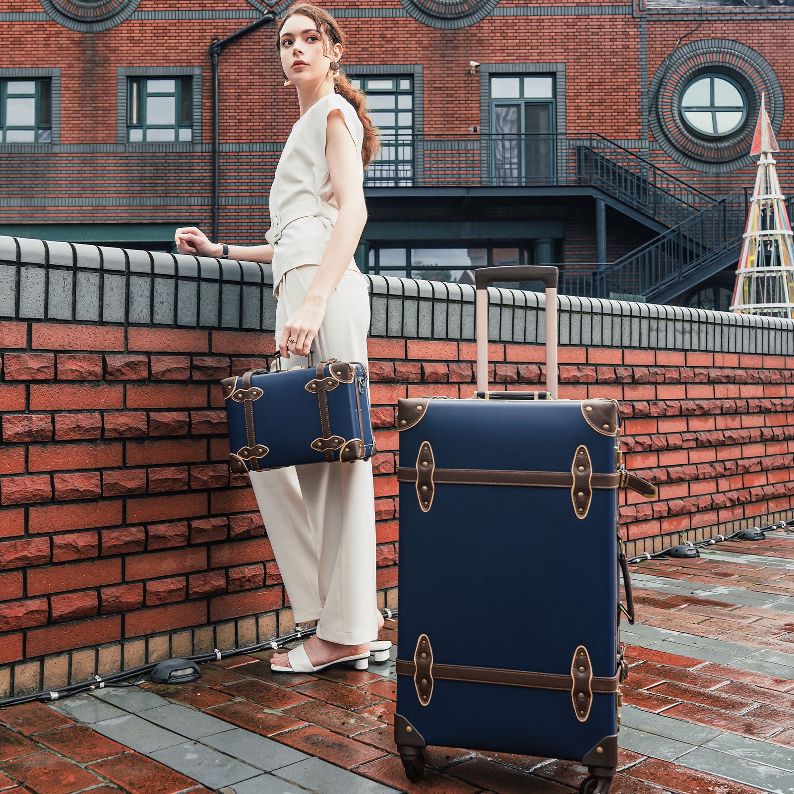 urecity vintage suitcase set for women, vintage luggage sets for women 2  piece, cute designer trunk luggage, retro suit case (Army Green, 20+12)