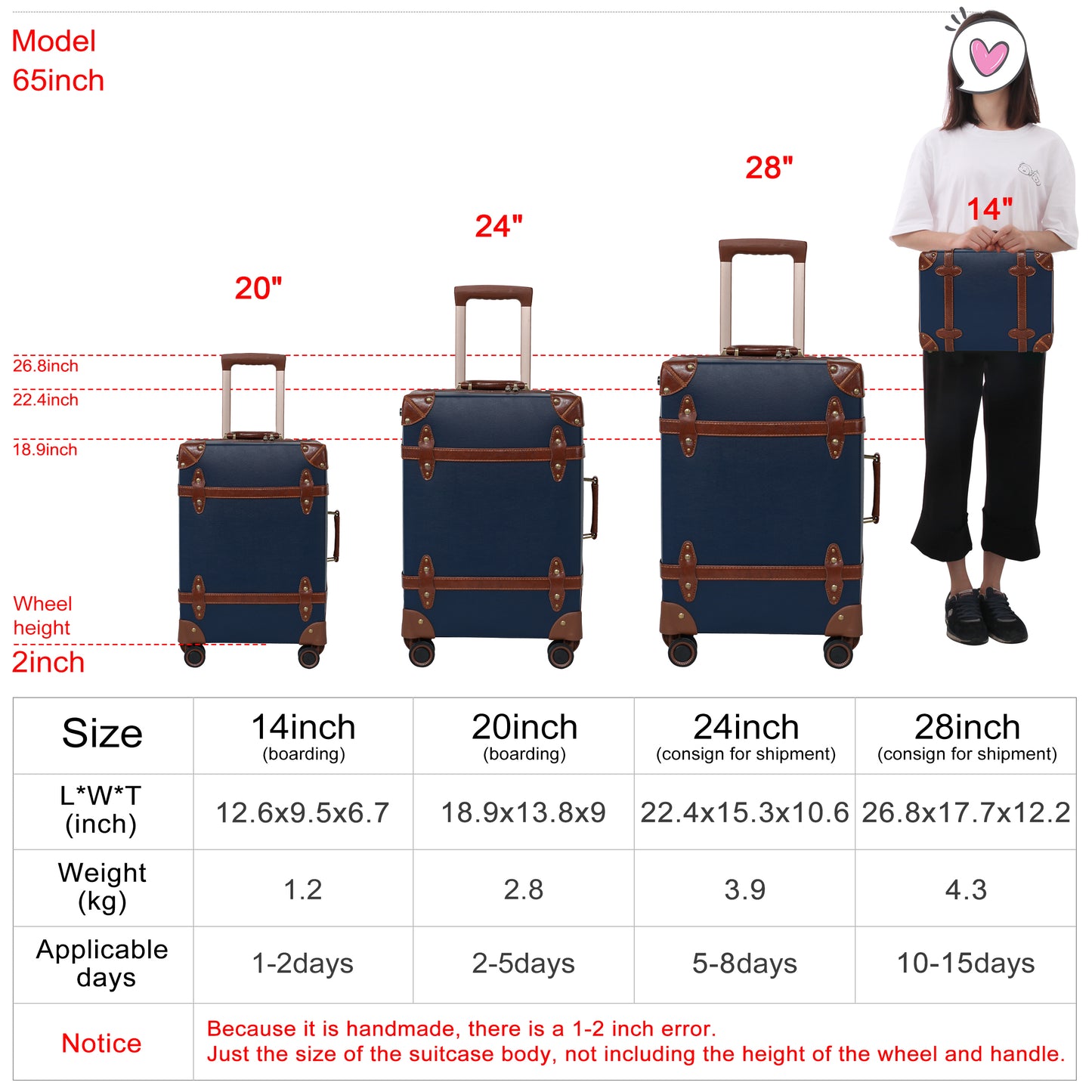 NZBZ Vintage Luggage Set Carry On Cute Suitcase with Rolling Spinner Wheels  and Tsa Lock Retro Trunk luggage 2 pieces